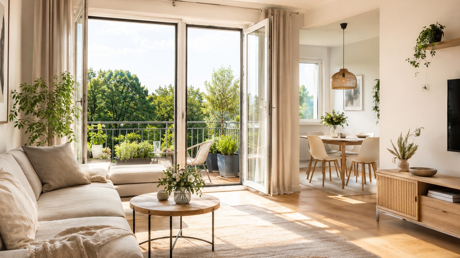Wohnzimmer mit offener Balkontür und freundlicher Atmosphäre